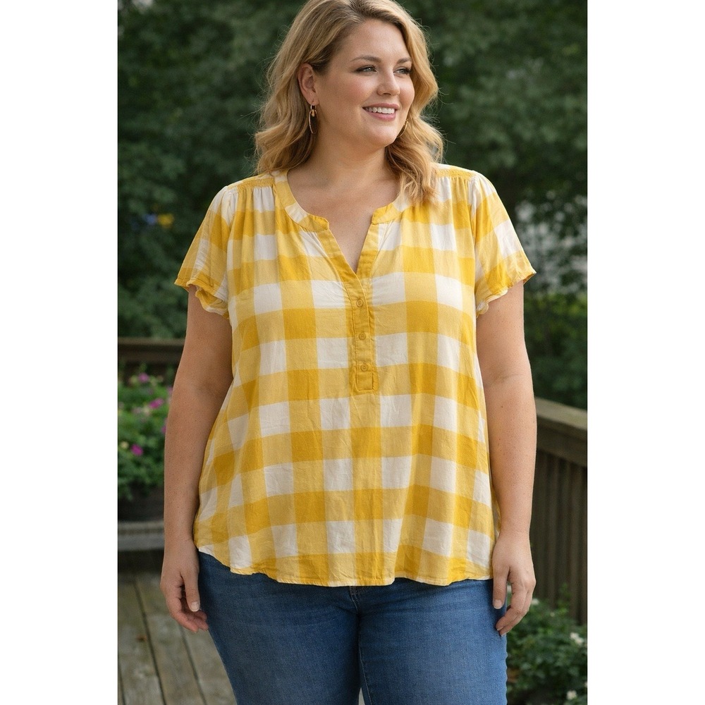 Market and Spruce Shirt Women XXL Yellow & White Short Sleeve‎ Summer Beach